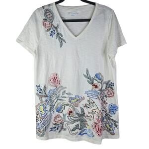 Soft Surroundings M White V Neck Floral Embroidered T Shirt Cotton Boho